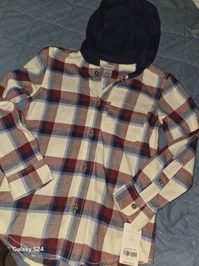 Carter's Boys Sz 6 Plaid Hooded Button-Up Shirt - Cream, Red & Blue New